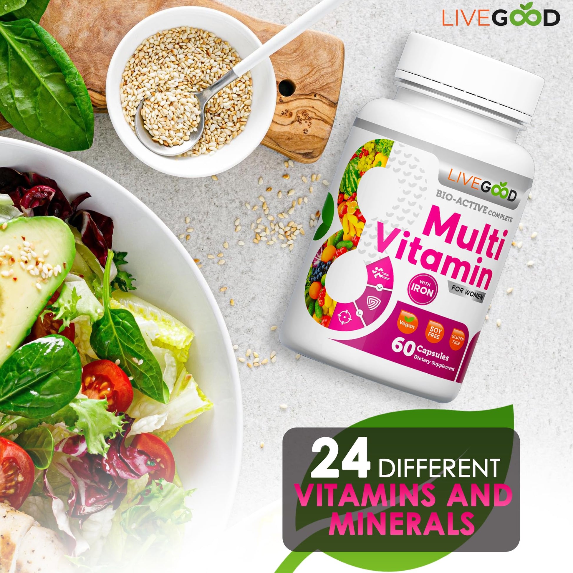 Multivitamínico LIVEGOOD junto a ensalada saludable