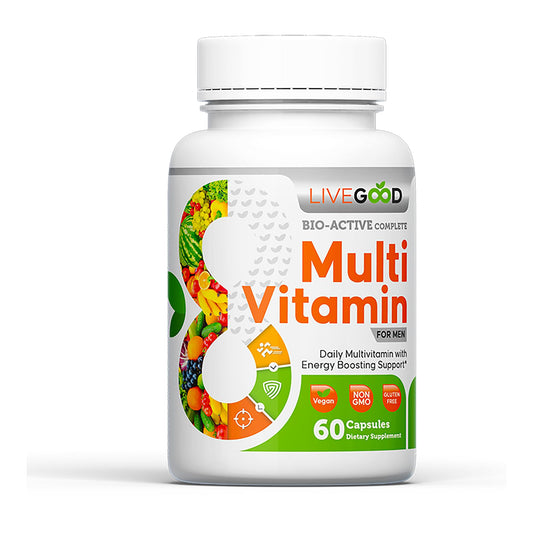 Botella de multivitamínico LiveGood para hombres en fondo blanco