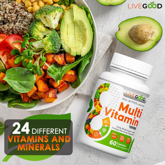 Multivitamínico LiveGood con ensalada saludable detrás