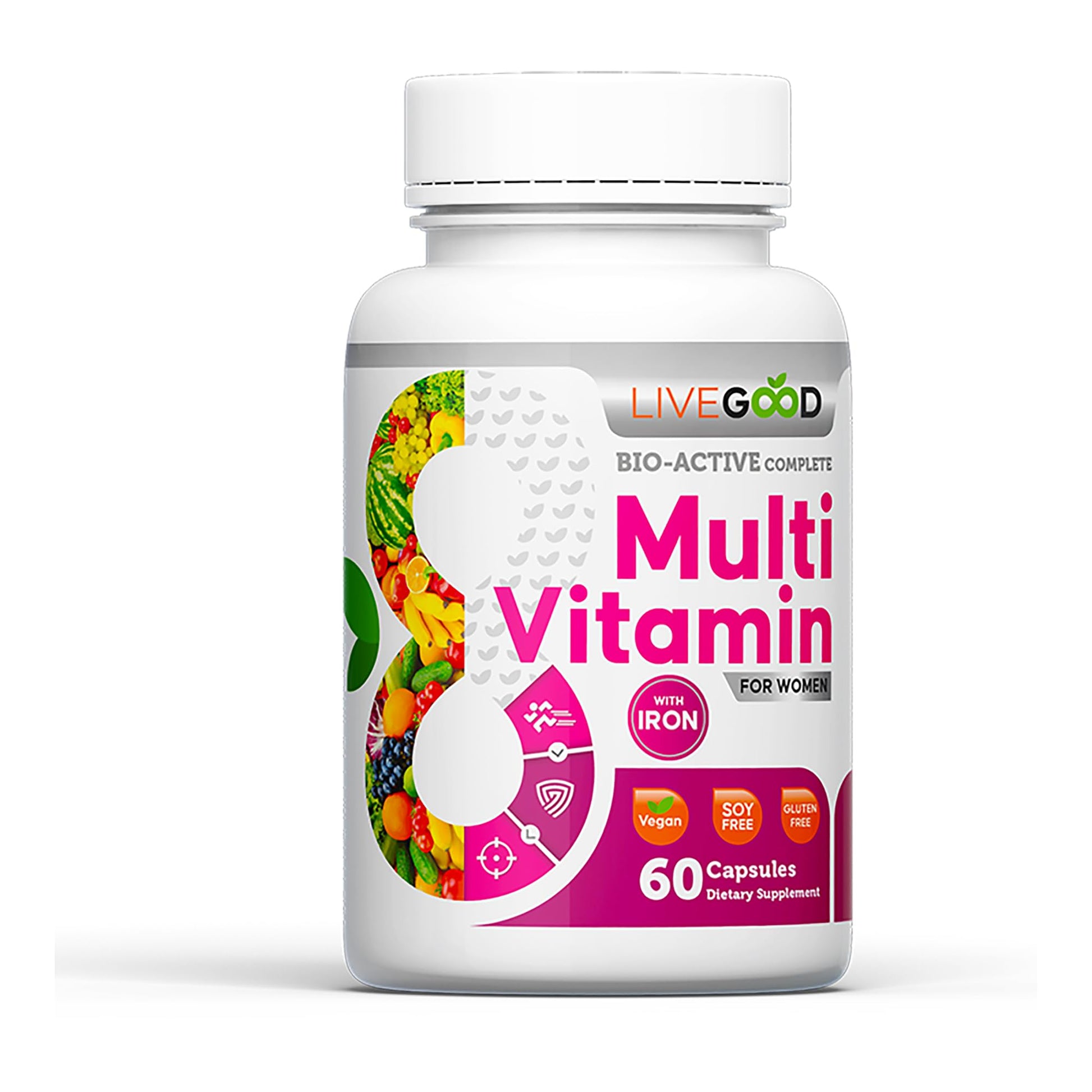 Botella de multivitamínico LIVEGOOD para mujeres sobre fondo blanco