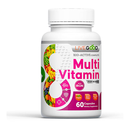 Botella de multivitamínico LIVEGOOD para mujeres sobre fondo blanco
