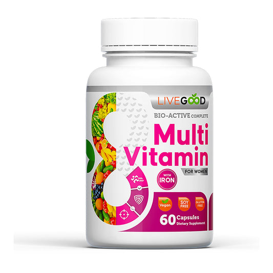 Botella de multivitamínico LIVEGOOD para mujeres sobre fondo blanco