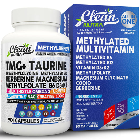Envase de multivitamínico metilado Clean Nutra con taurina y vitaminas.