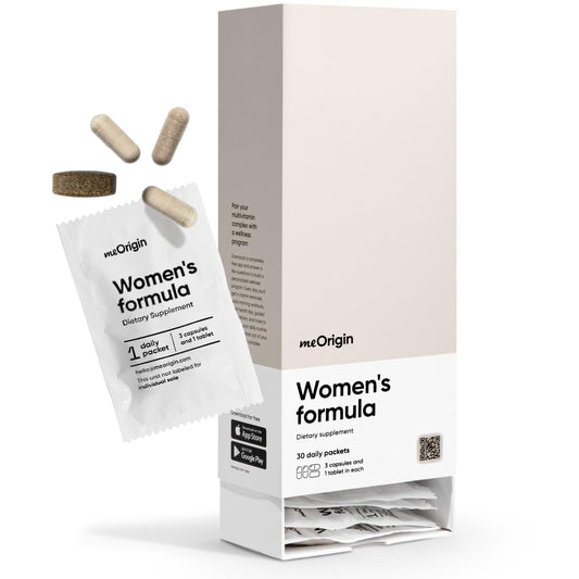 Caja y paquetes de suplementos multivitamínicos para mujeres meOrigin