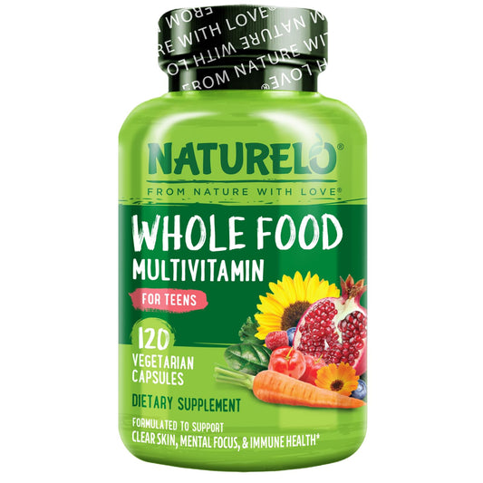 Botella de multivitamínico Naturelo 120 cápsulas para adolescentes.