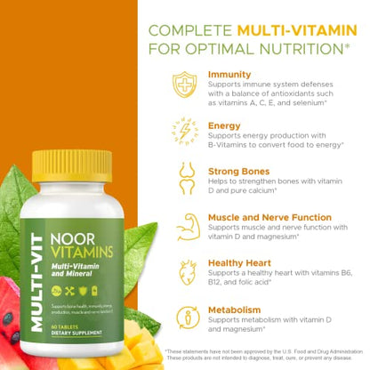 Presentación de multivitaminas Noor con lista de beneficios