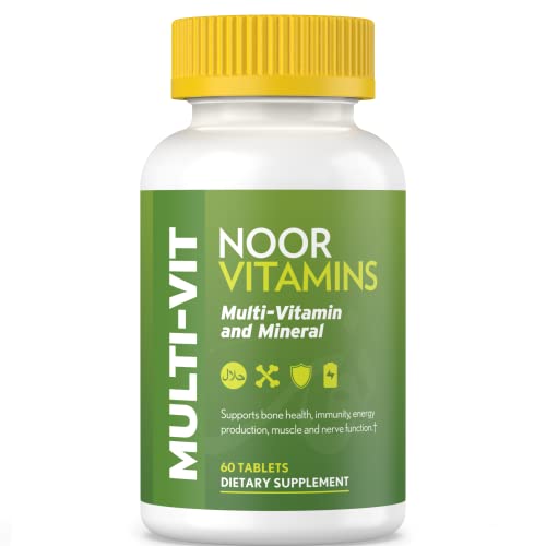 Frasco de multivitaminas halal Noor con tapa amarilla