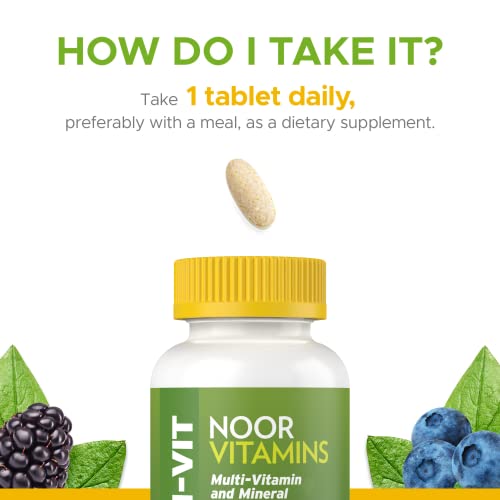 Frasco de multivitaminas Noor junto a mano para comparación
