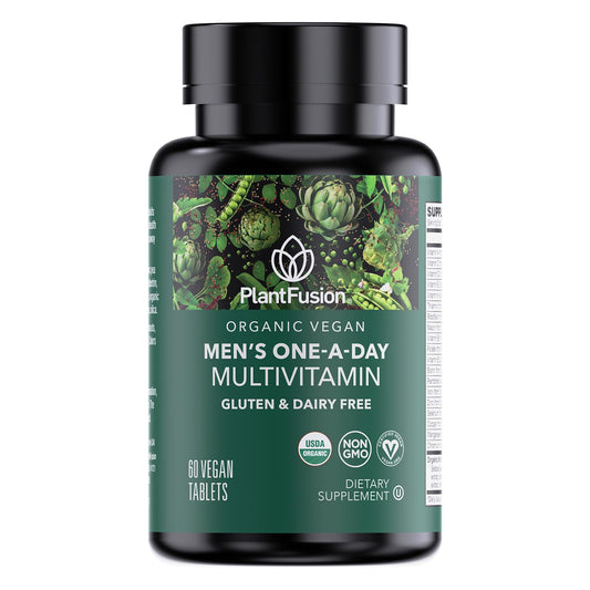 Envase de multivitamínico orgánico para hombres PlantFusion de 60 tabletas.