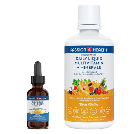 Botella de multivitamínico Passion 4 Life con D3 K2 Omega 3.