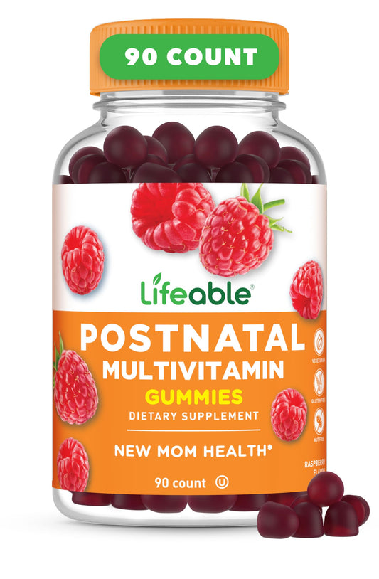 Envase de multivitamínico postnatal Lifeable con gomitas de berries