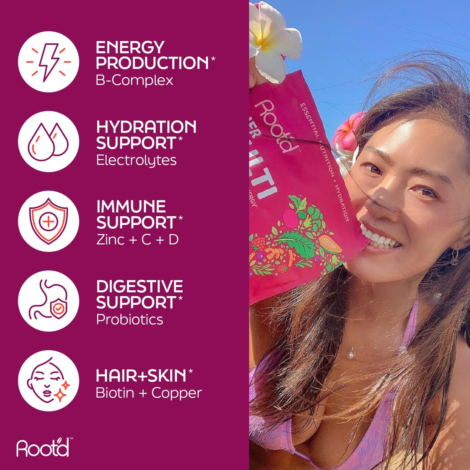 Multivitamínico Root'd beneficios para energía e hidratación