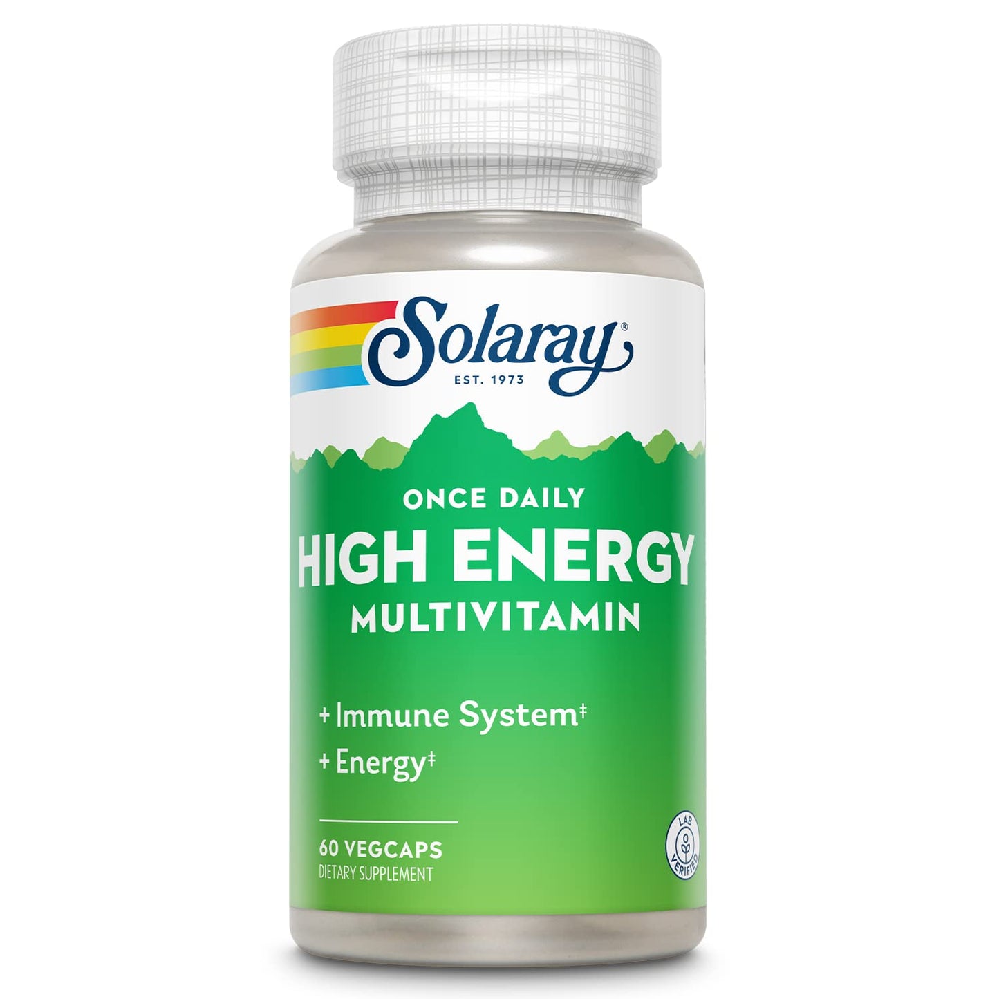 Botella de multivitamínico SOLARAY alta energía con fondo blanco