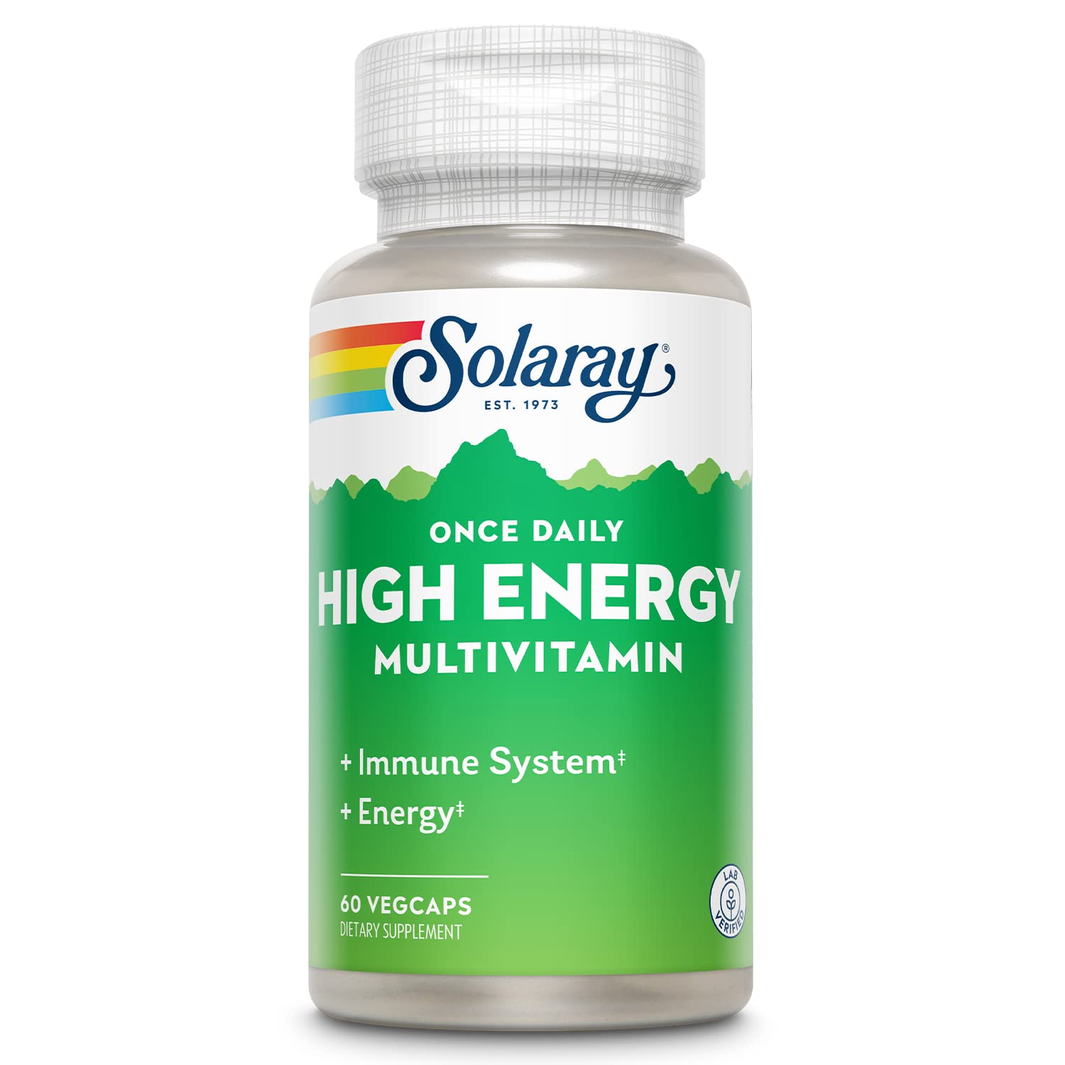 Botella de multivitamínico SOLARAY alta energía con fondo blanco