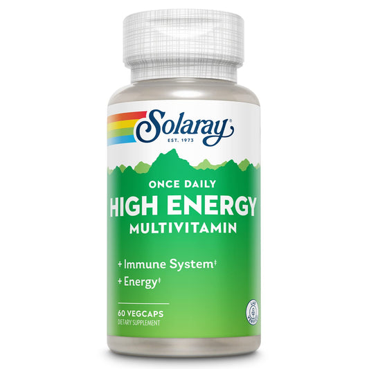 Botella de multivitamínico SOLARAY alta energía con fondo blanco