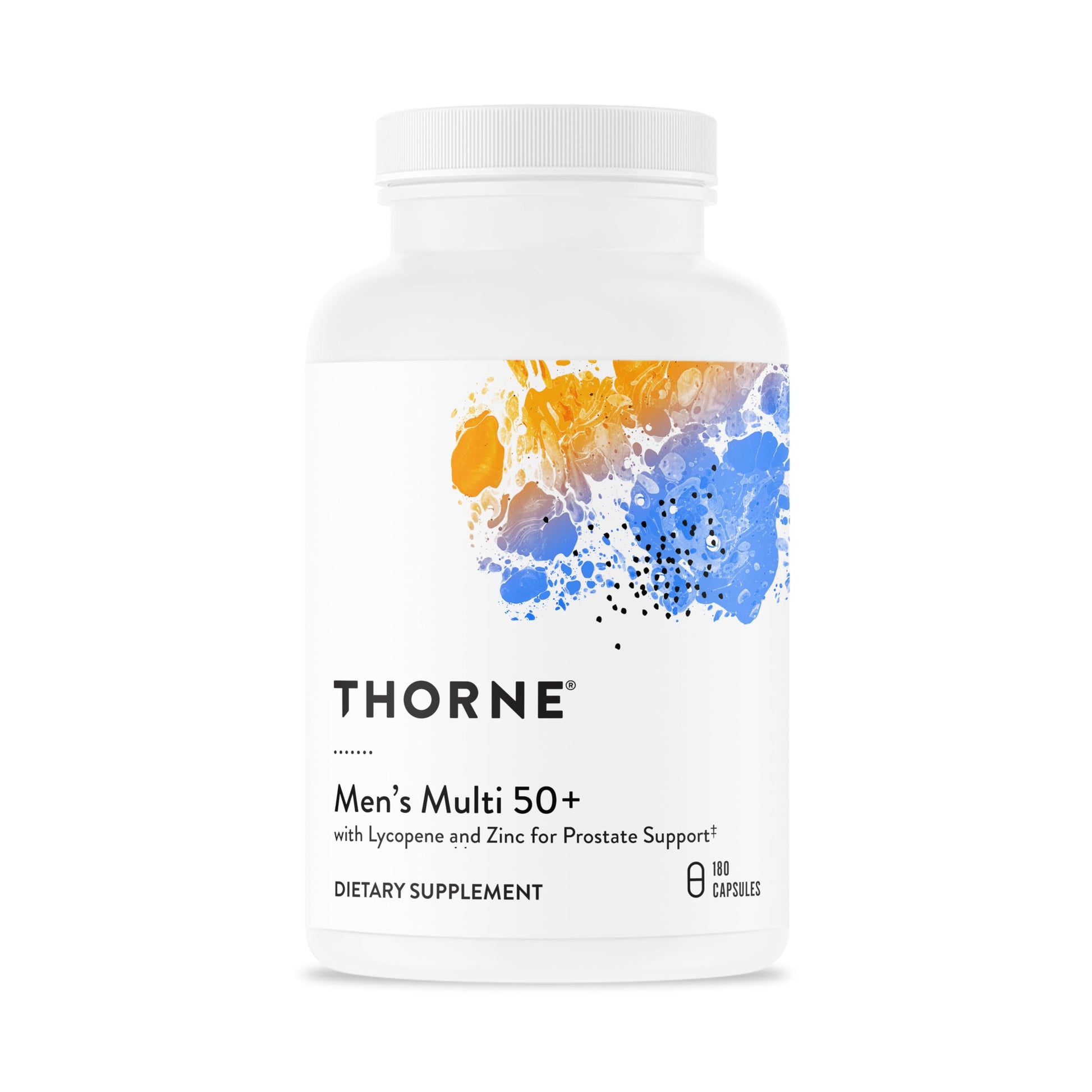 Botella multivitamínica THORNE para hombres 50+ con etiqueta colorida para soporte de salud.