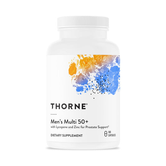 Botella multivitamínica THORNE para hombres 50+ con etiqueta colorida para soporte de salud.