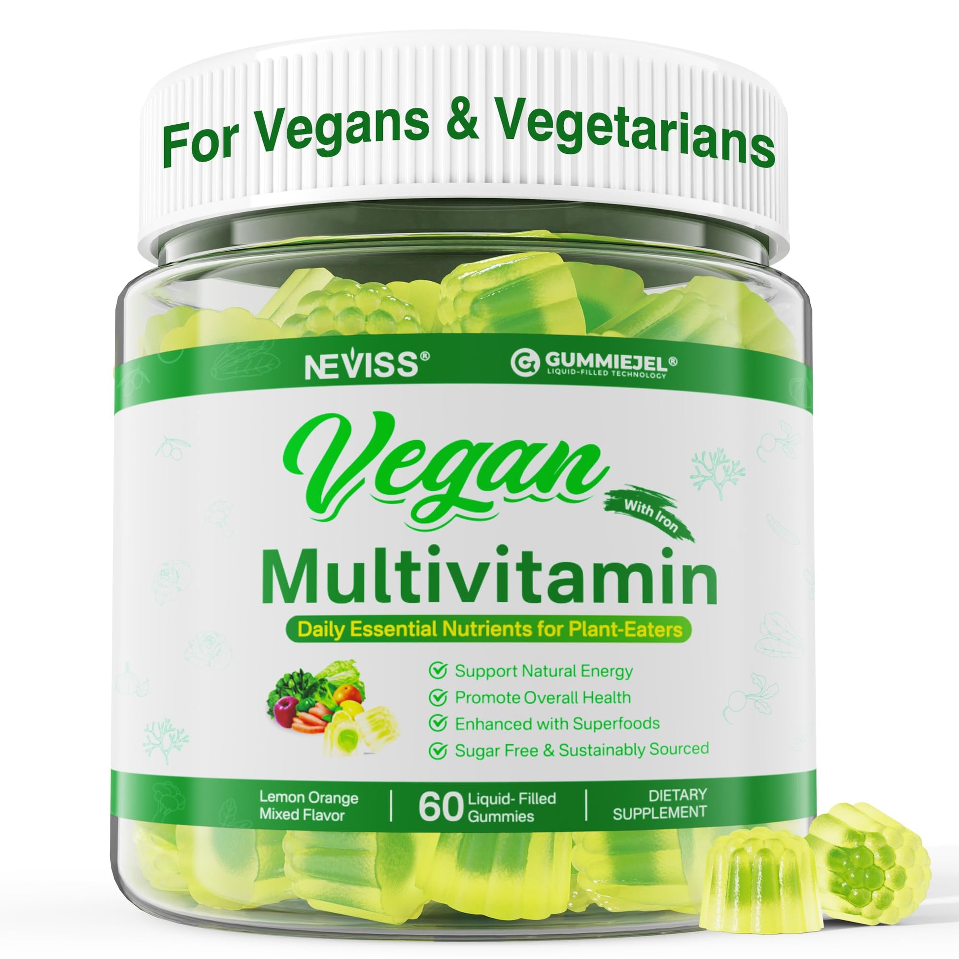 Frasco de multivitamínico vegano Neviss en vidrio