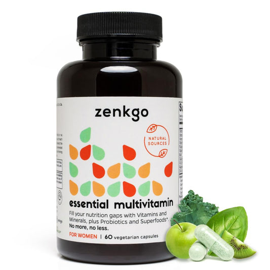 Botella de multivitamínico Zenkgo con alimentos integrales