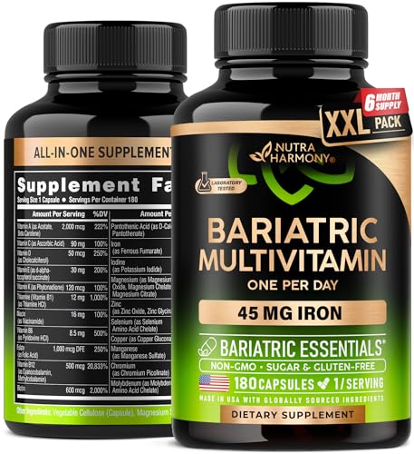 Botellas de multivitamínicos bariátricos con etiqueta de nutrición