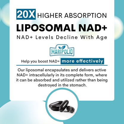 NAD+ liposomal suplemento Maripolio presentación botella y cápsulas