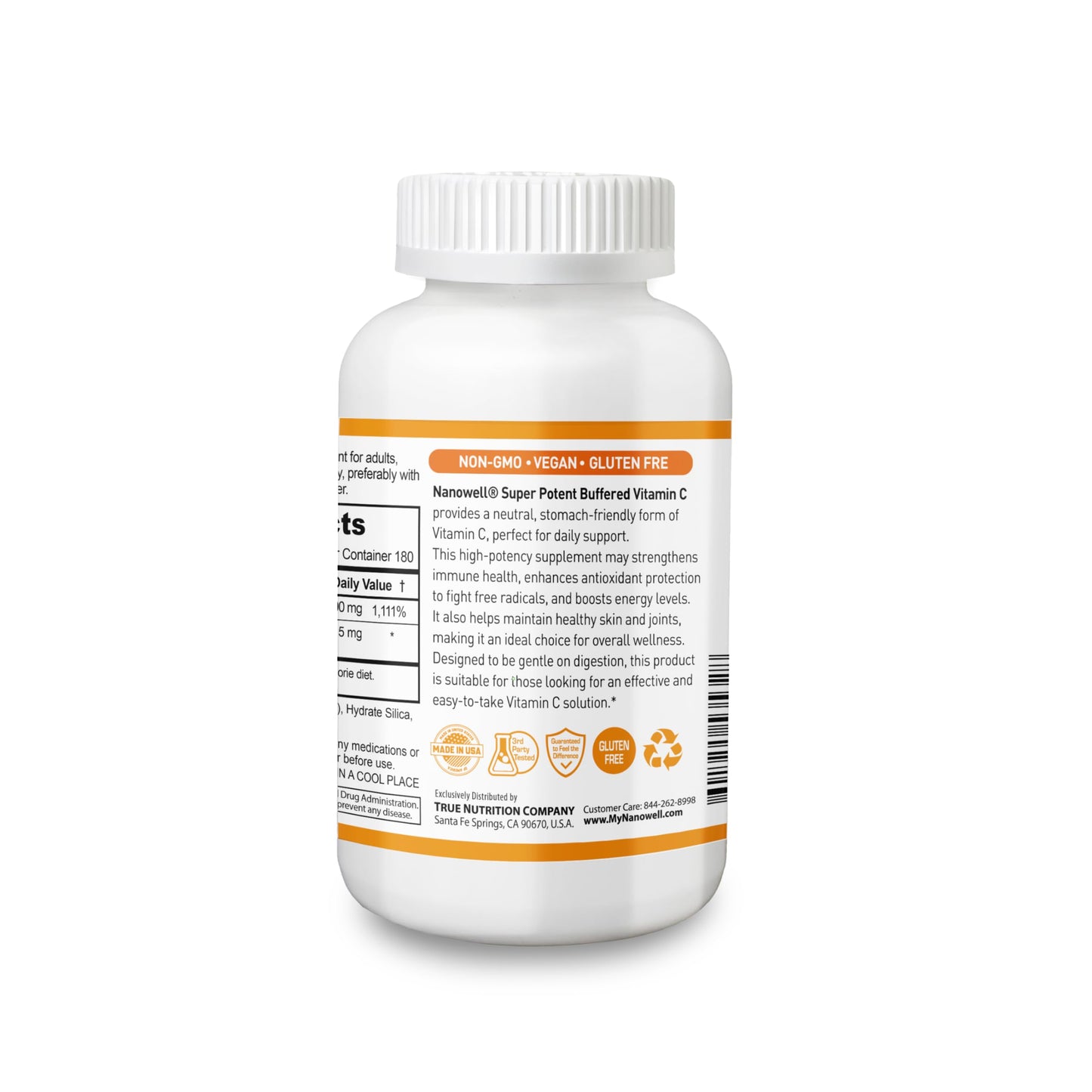 Frasco abierto de cápsulas de vitamina c amortiguada NANOWELL con 180 porciones