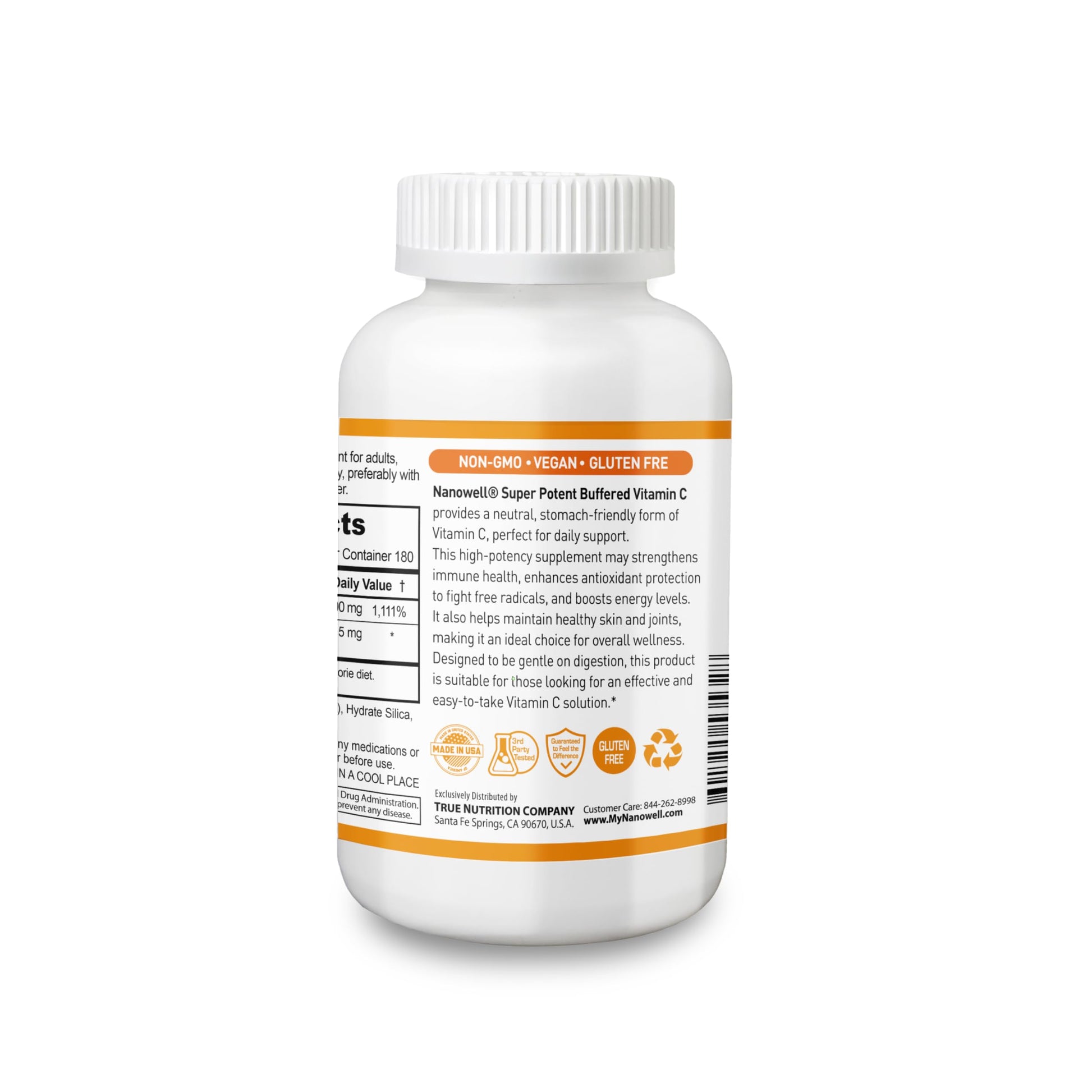 Frasco abierto de cápsulas de vitamina c amortiguada NANOWELL con 180 porciones