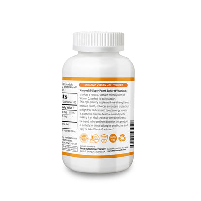 Frasco abierto de cápsulas de vitamina c amortiguada NANOWELL con 180 porciones
