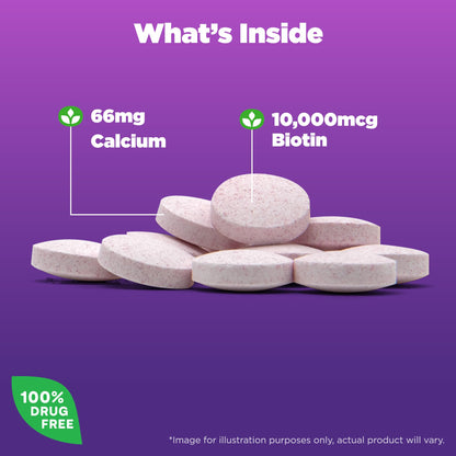 Tabletas Natrol Beauty Biotin sobre fondo blanco