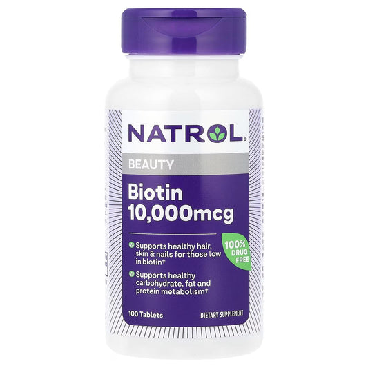 Frasco Natrol Biotin Max 10000 Mcg 100 tabletas para cabello