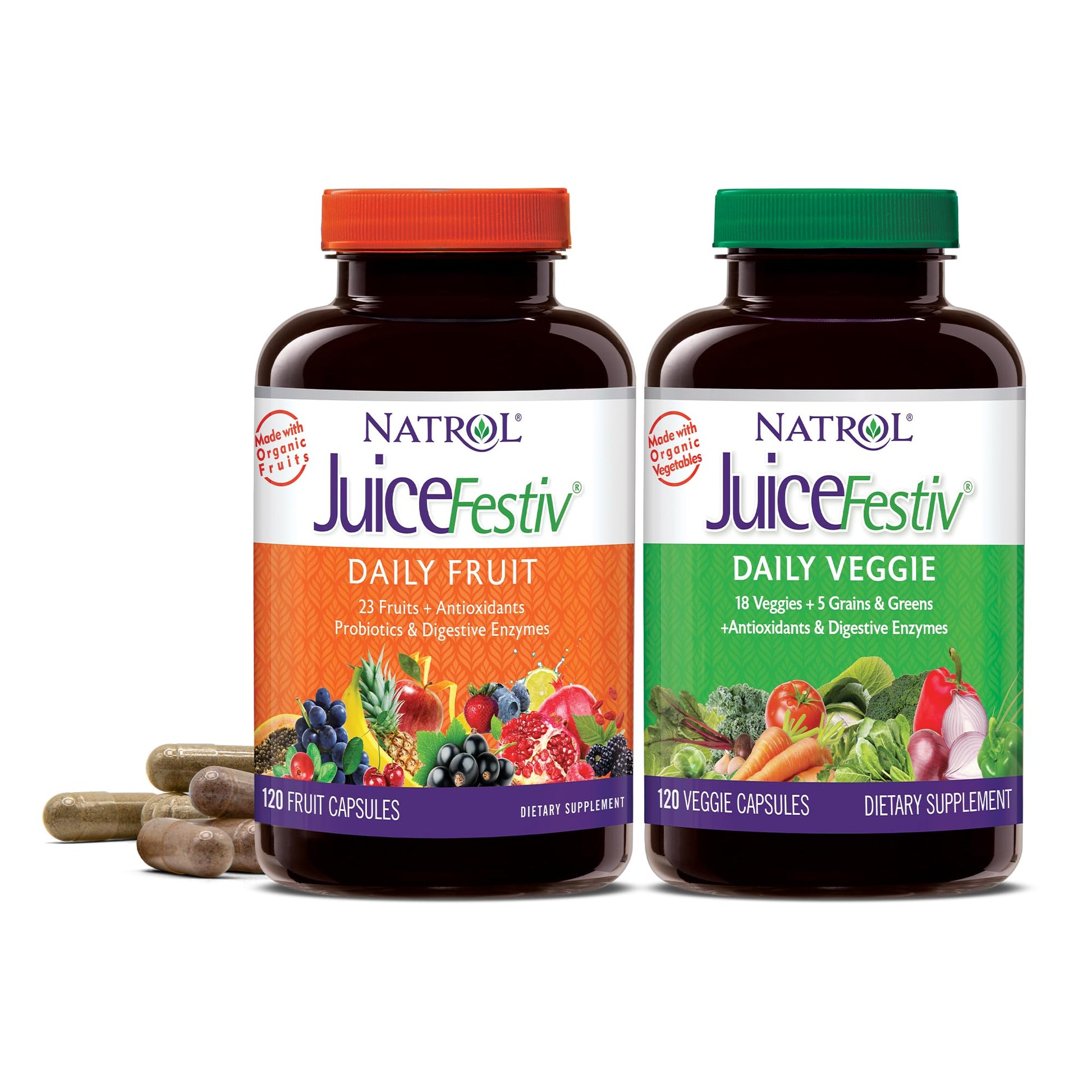 Frente del frasco de Natrol JuiceFestiv cápsulas de frutas y verduras