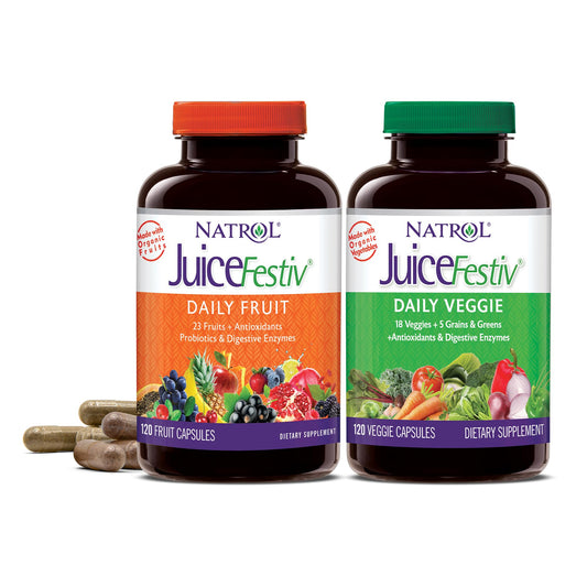 Frente del frasco de Natrol JuiceFestiv cápsulas de frutas y verduras