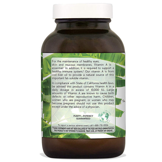 Vista trasera del frasco de Natural Nutra Vitamina A con detalles de composición