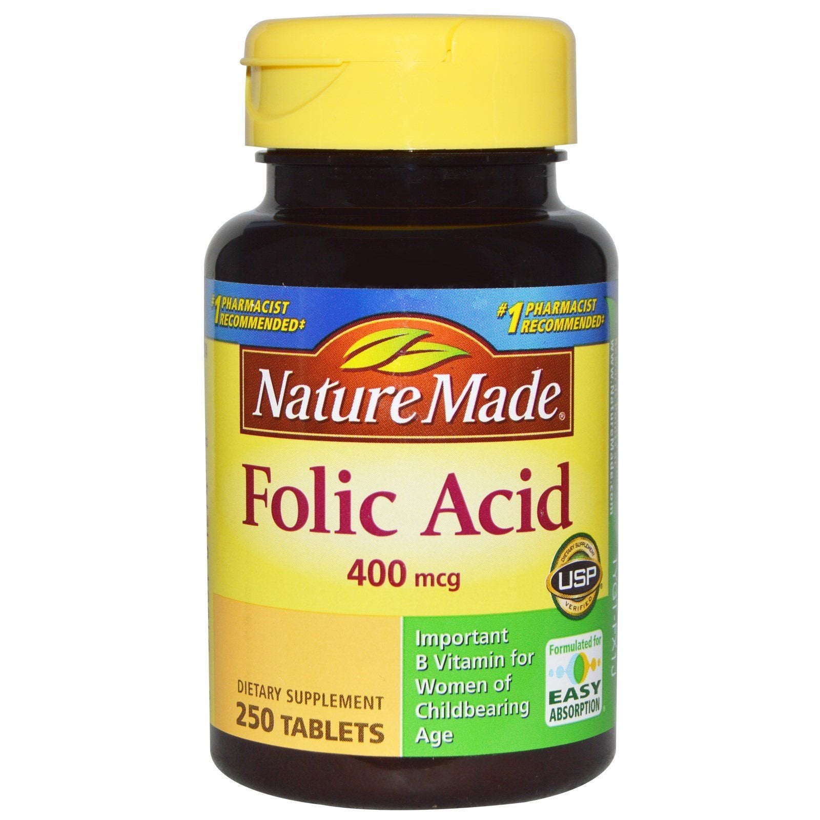 Nature Made ácido fólico 400 mcg 250 tabletas envase