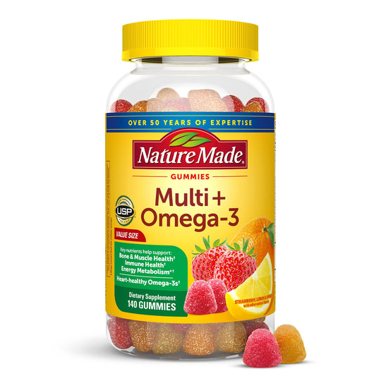 Frasco de gomitas multicolor de Nature Made Multivitamina + Omega-3.