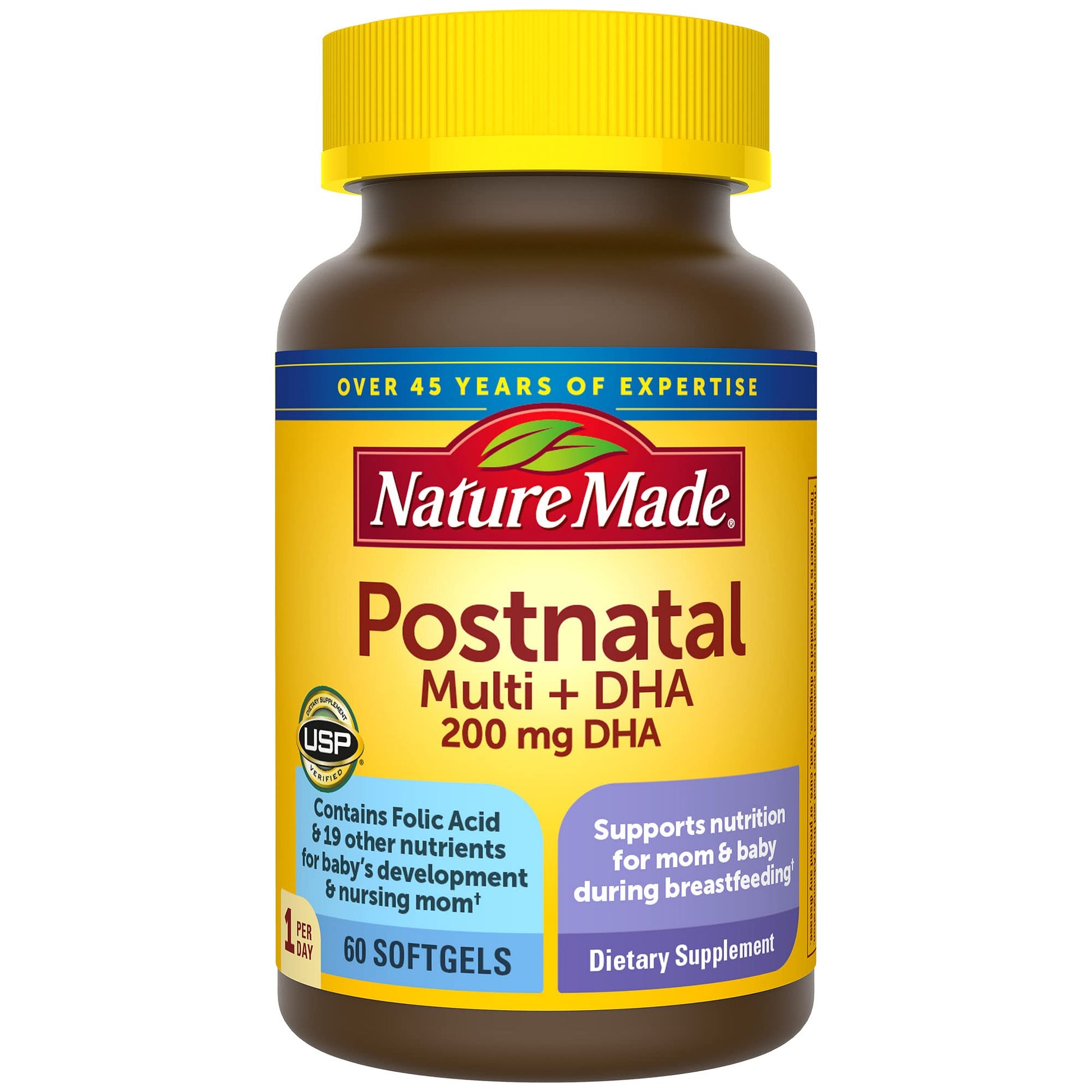 Frasco de multivitamínico postnatal Nature Made con DHA