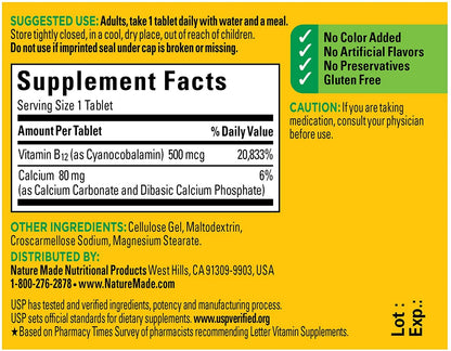 Suplemento natural vitamina B-12 Nature Made 500 mcg 100 tabletas