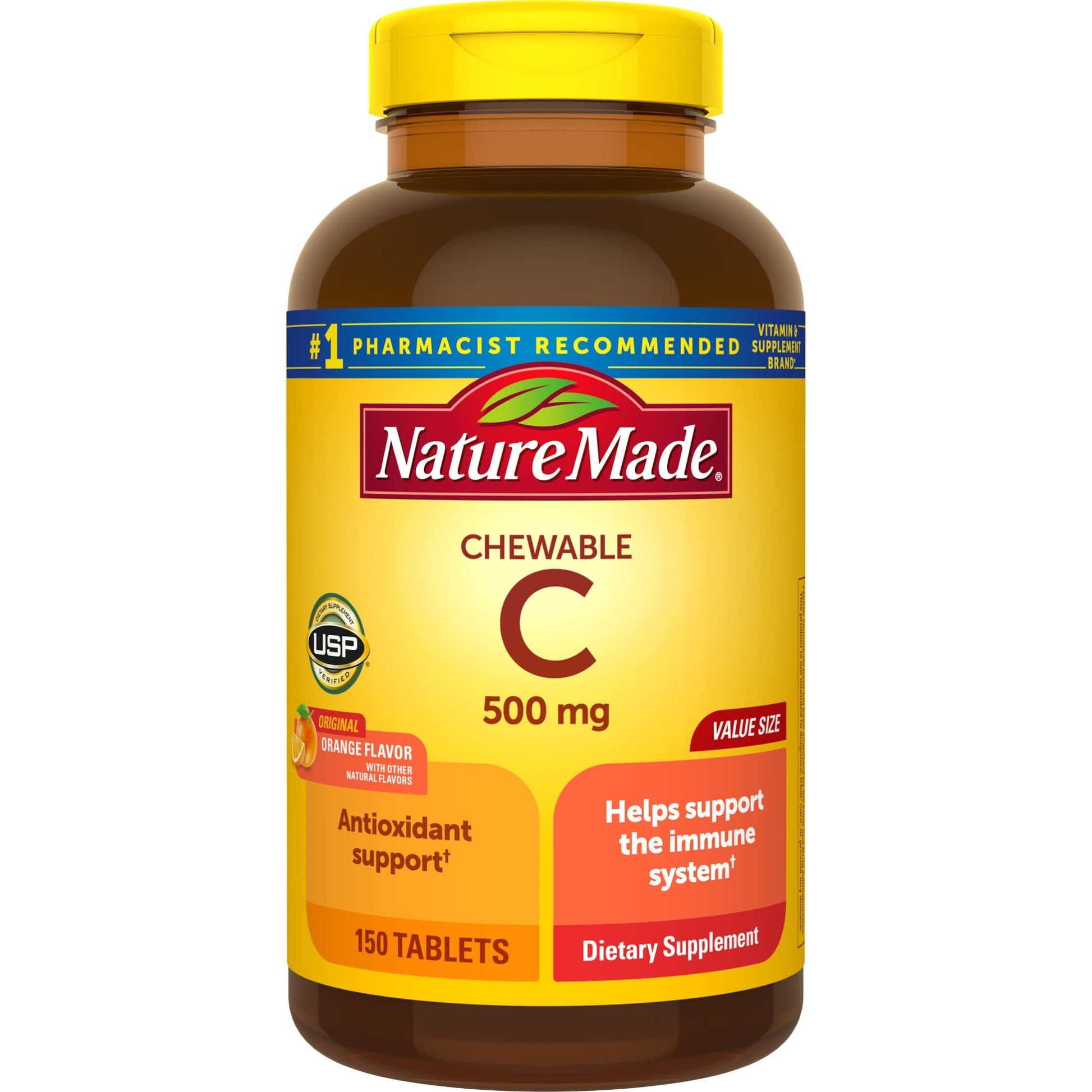 Frasco de Nature Made Vitamina C 500 mg masticable, 150 tabletas.