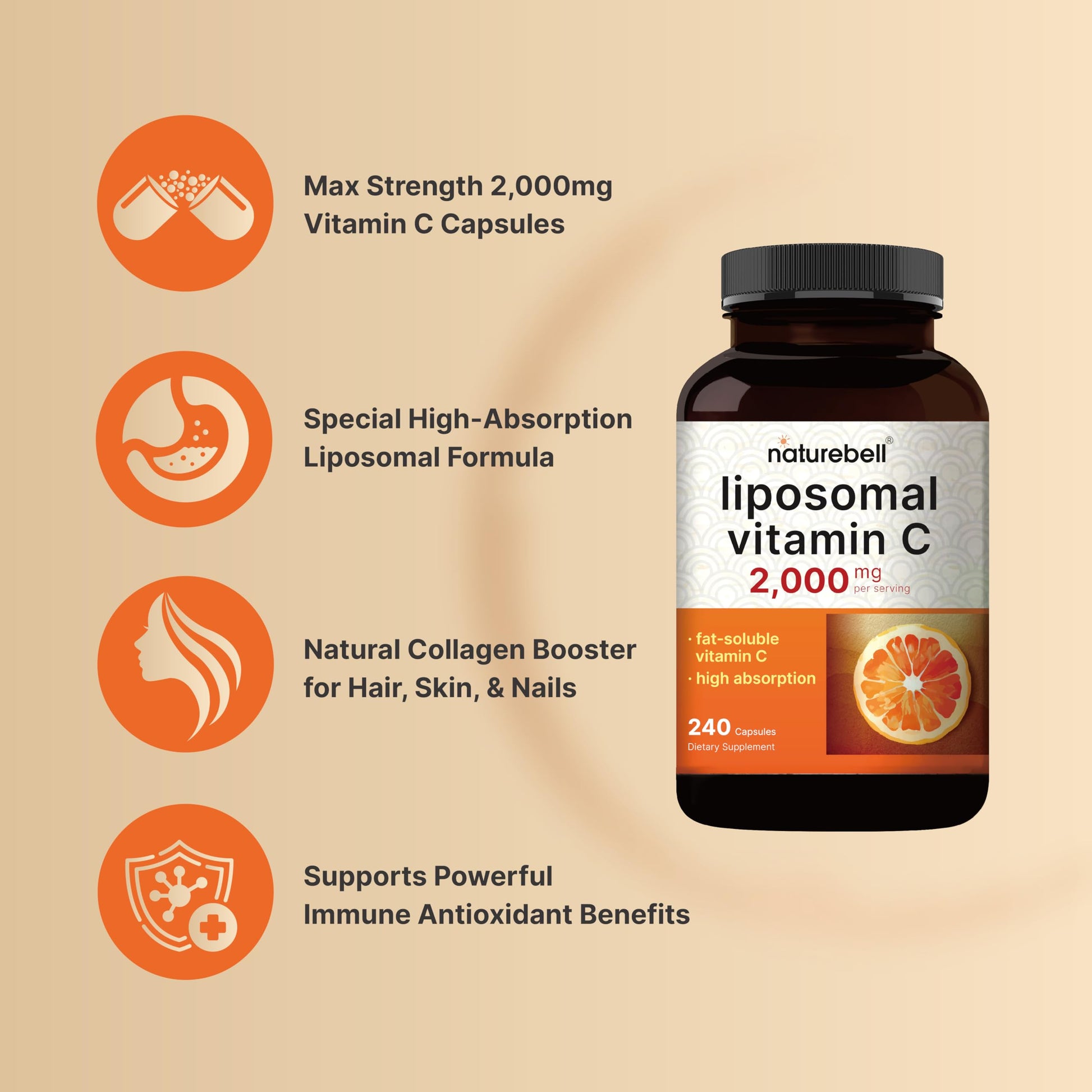 Etiqueta frontal del suplemento NatureBell vitamina C liposomal