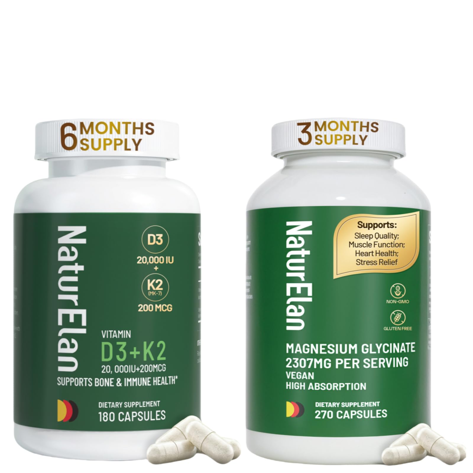 Frasco de cápsulas NaturElan vitamina D3 K2 y magnesio glicinato