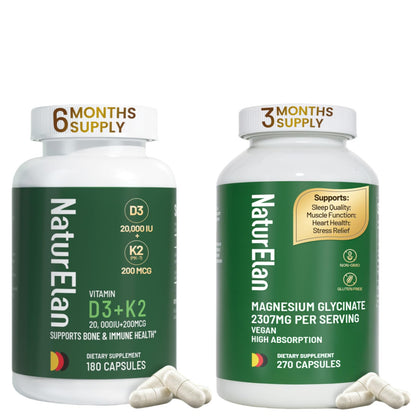 Frasco de cápsulas NaturElan vitamina D3 K2 y magnesio glicinato
