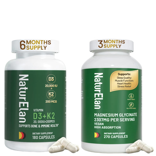 Frasco de cápsulas NaturElan vitamina D3 K2 y magnesio glicinato