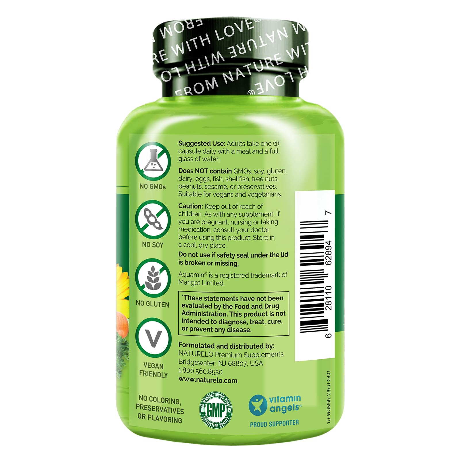 Información nutricional del multivitamínico NATURELO para mujeres