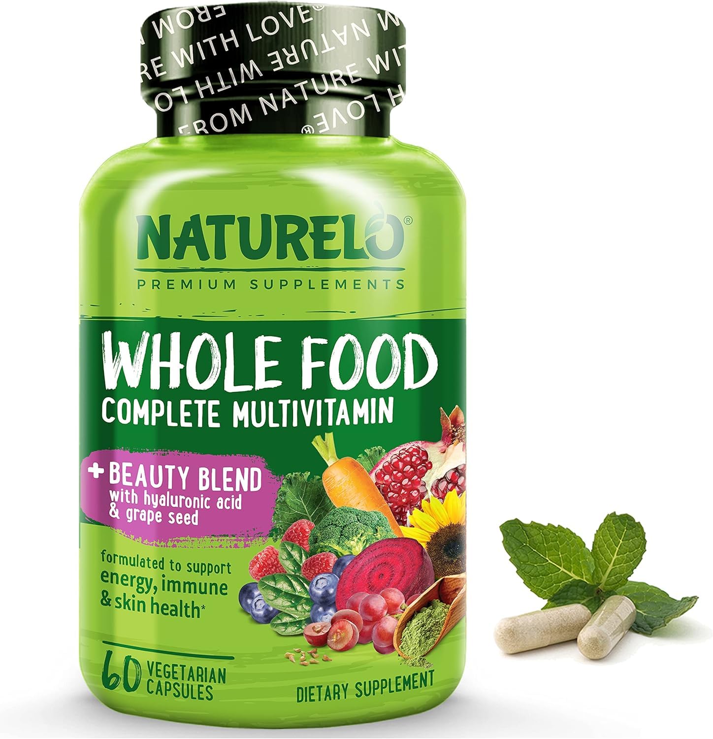 Multivitaminas NATURELO con apoyo de belleza para piel y cabello.