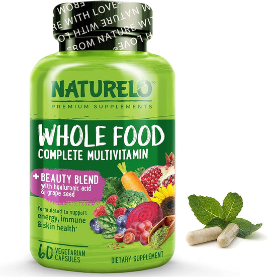 Multivitaminas NATURELO con apoyo de belleza para piel y cabello.