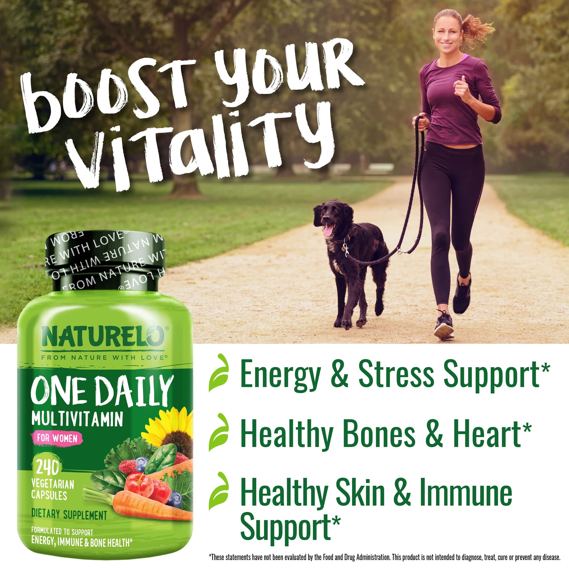 NATURELO desde la naturaleza con amor, botella de multivitamínico.