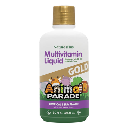 Botella Natures Plus Animal Parade Gold multivitamínico líquido para niños sabor baya tropical