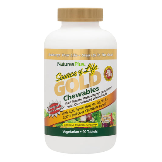 Frasco de multivitamínico Natures Plus Gold con 90 comprimidos.