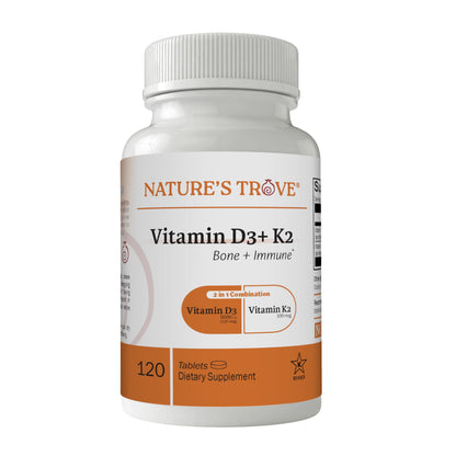 Botella de Nature's Trove Vitamina D3 5000 UI y K2 120 tabletas