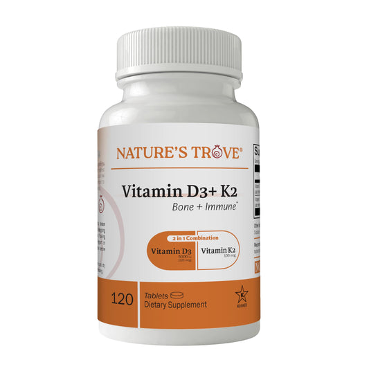 Botella de Nature's Trove Vitamina D3 5000 UI y K2 120 tabletas